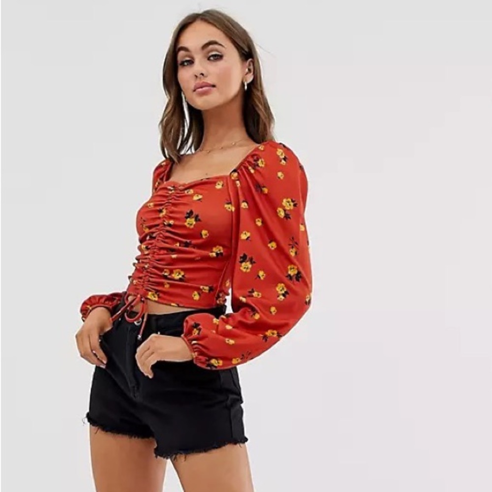 ASOS DESIGN ruched front crop top with puff sleeve in ditsy print